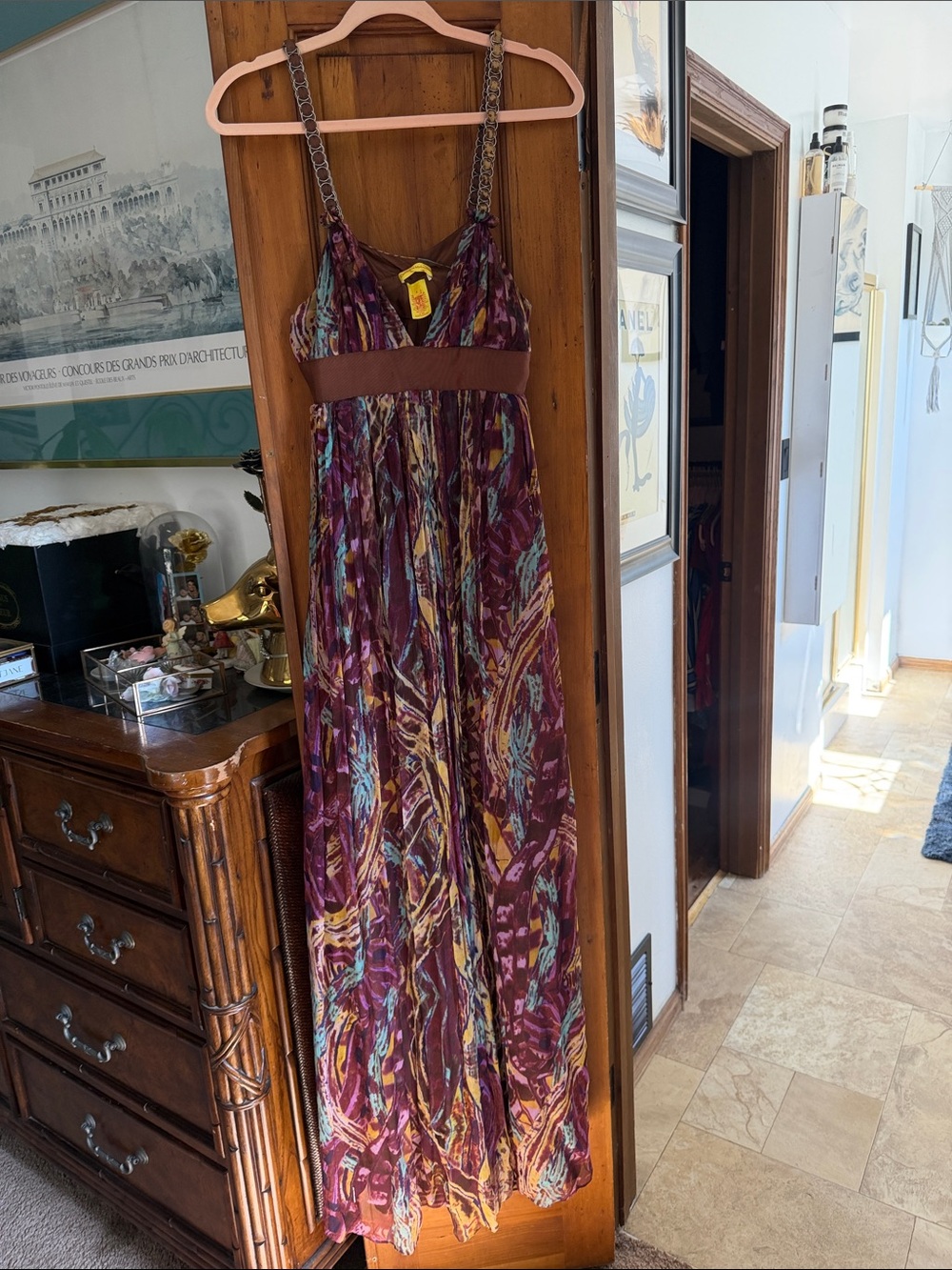 Catherine Malandrino Silk Plum Multicolor Abstract Print Maxi Dress